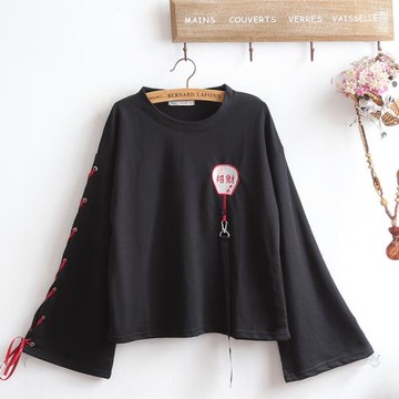 和風日系喇叭袖秋裝上衣 招財扇子刺繡綁帶圓領初中生軟妹女孩T恤