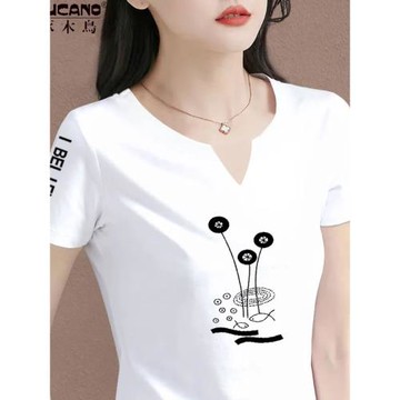 啄木鳥純棉短袖t恤女2025夏季v領高彈修身顯瘦百搭時尚中年上衣女