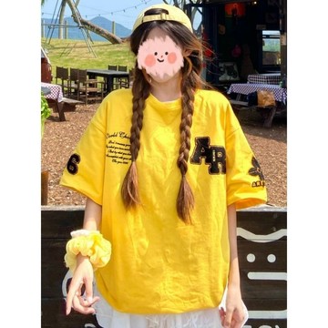 🌷臺灣出貨🌷美式重工刺繡黃色短袖T恤女2026夏季國潮牌設計寬鬆情侶小衆上衣情侶衕款 t恤 女生短袖 夏季短袖 寬鬆短袖