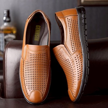 夏季男士透氣皮鞋男鞋中老年人爸爸圓頭真皮軟底防滑休閑軟底鞋子