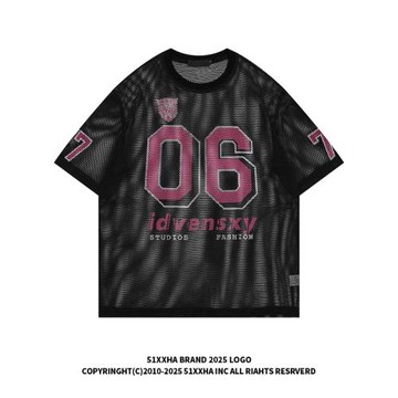 51嘻哈夏季潮牌鏤空網眼球衣短袖T恤美式復古寬松休閑運動上衣男