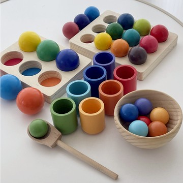 嬰幼兒木質玩具 智力開發玩具 顏色認知配對分揀板 寶寶早教玩具 啟蒙彩虹球玩具