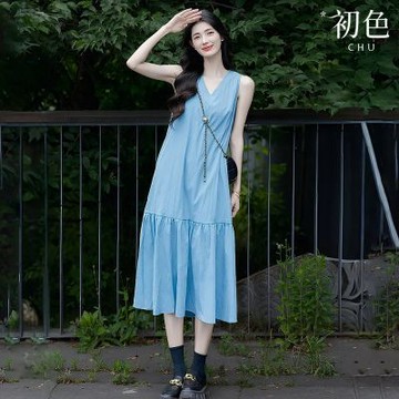 初色 韓系V領純色無袖壓褶裙擺中長裙連衣裙連身洋裝長裙-淺藍色-50838(M-XL可選)