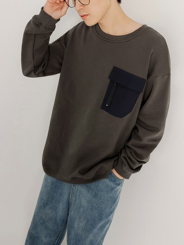 寬版純棉內刷毛撞色拉鍊口袋大學T