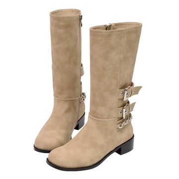 ANNSTAR 彭彭PON聯名-率性好穿中筒騎士靴3.5cm-杏(版型偏小)