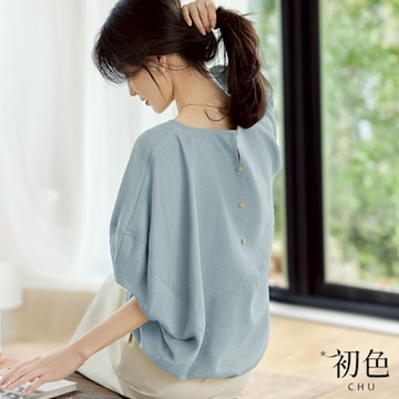 初色 純色休閒肌理感寬鬆顯瘦圓領蝙蝠袖短袖T恤上衣女上衣-共2色-11536(M-2XL可選/現貨+預購)