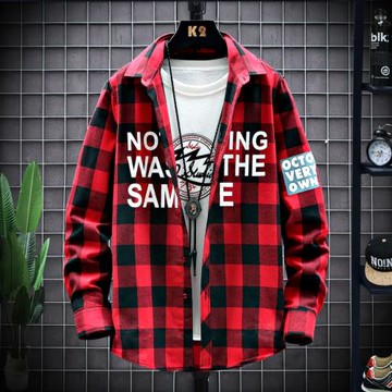 青春流行免燙寬松尖領休閑潮流印花格子男士襯衫長袖紐扣薄款外套