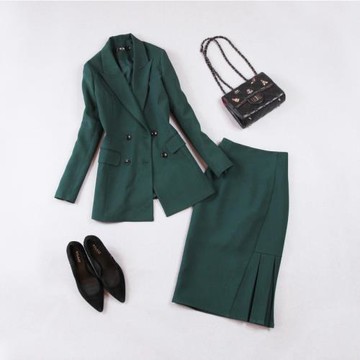 2025春夏新款大碼女裝墨綠色修身長款西服+包臀百褶顯瘦半裙套裝