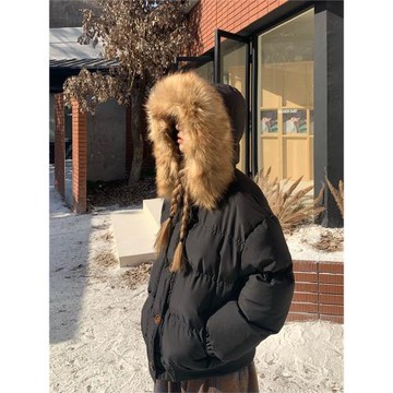 195大喜 美式毛領連帽棉服外套女冬季爆款加厚面包服休閑棉衣棉襖