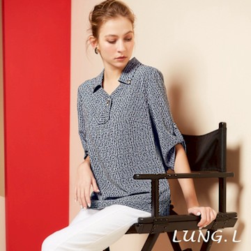 LUNG.L林佳樺 藍色直條細紋假領結長版七分袖女裝上衣LS81A