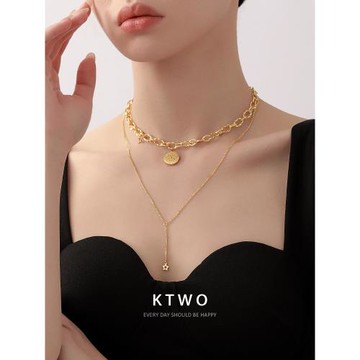 歐式復古吊墜項鏈女潮小眾設計感鍍k金新款雙層流蘇疊戴鎖骨頸鏈