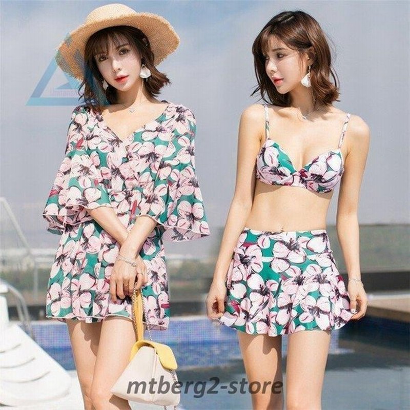 ビキニ水着レディース 夏 ビキニ3点セット水着 体型カバー 韓国風 フレア 花柄 小胸バンドゥビキニ 水着 セパレート 40代 可愛い スイムウェア 温泉 ママ水着 通販 Lineポイント最大0 5 Get Lineショッピング