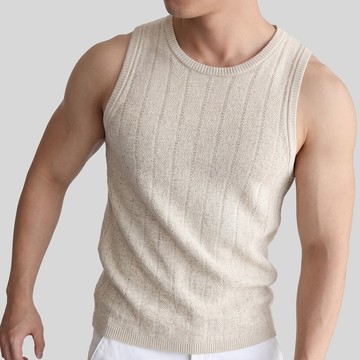 Wuluwear 意式老錢風萊賽爾亞麻混紡男士針織背心豎紋無袖馬甲內搭上衣