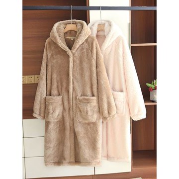 日系秋冬珊瑚絨連帽睡袍女寬松加厚浴袍中長款保暖法蘭絨家居睡衣
