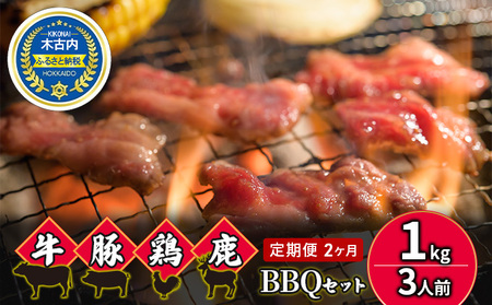 2カ月 定期便 4種のお肉 BBQセット 牛 豚 鶏 鹿肉 3人前 1kg 焼肉