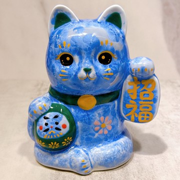 【青色招福】日本清水燒招財貓 | 達摩花結晶 - 青招福