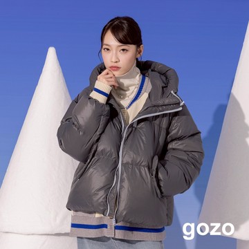 【gozo】防風升級跳色拉鍊連帽羽絨外套(深灰/淺藍_F) | 女裝 連帽 保暖