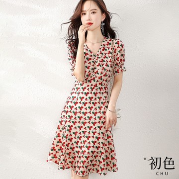 初色 印花V領泡泡短袖收腰休閒連身裙洋裝-花色-69780(M-2XL可選)