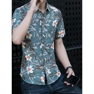 經典小碎花襯衣薄款青年潮流休閑沙灘印花襯衫男短袖花寸衫中國風