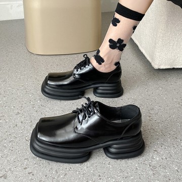 英倫風小皮鞋2021女夏jk復古丑萌方頭薄款厚底百搭松糕綁帶單鞋秋