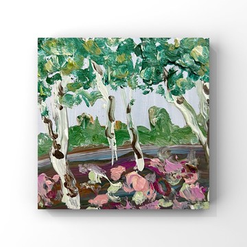 春天開花藝術果園油畫樺樹藝術盛開的野花藝術