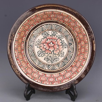 宋吉州窯彩繪牡丹花紋盆手盆盤仿古老貨瓷器家居擺件古董古玩收藏1入