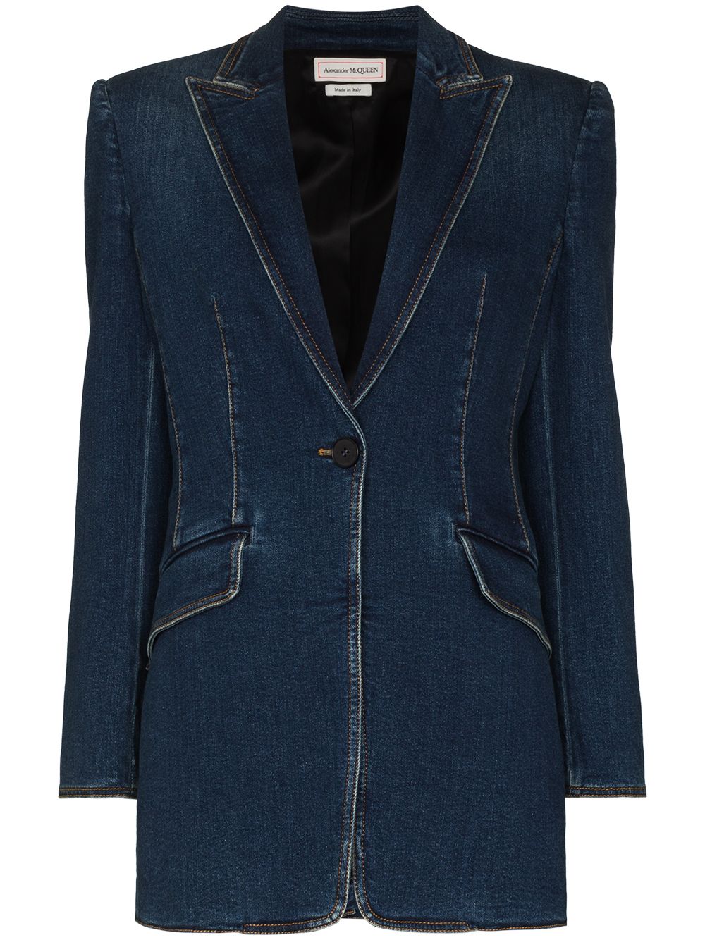 Alexander McQueen - single-breasted denim blazer - women - CottonElastane/Cupro/Polyester/Leather/Cotton - 42 - Blue