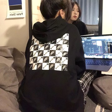 棋盤格設計感小眾衛衣女春秋薄款寬松連帽bf慵懶風oversize上衣潮