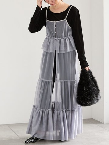 2WAY前後兩穿透明感荷葉分層百褶吊帶洋裝(FC47L0H0180) - Te chichi