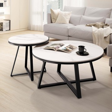 Boden-埃爾圓形白色岩板茶几組合(2.7尺大圓几+1.7尺小圓邊几)-130x80x50cm