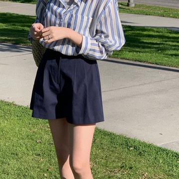 藏青色闊腿褲女高腰小個子2025春夏新款韓版顯瘦百搭休閑直筒短褲