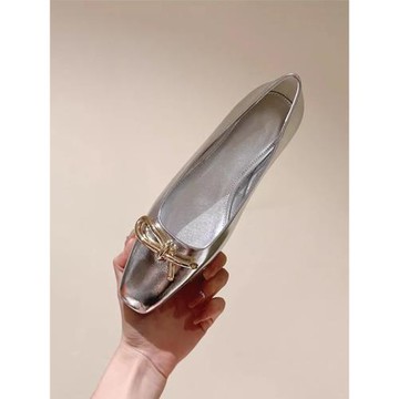 羊皮版~2025春季新款粗跟平底鞋女淺口蝴蝶結銀色單鞋女方頭瓢鞋