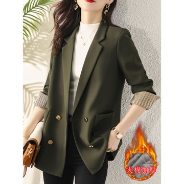 綠色西裝外套女中長款寬松顯瘦2025秋冬新款休閑氣質夾棉加厚西服