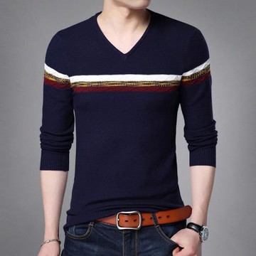 秋季新款V領男士長袖T恤薄款修身針織打底小衫大碼潮男裝青年線衣