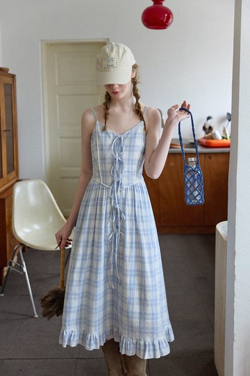 hi~夏天的夢 復古碎花格子高腰連身裙