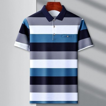 夏季新品 中老年爸爸裝 休閒短袖上衣 翻領polo衫 真口袋 條紋 馬球衫 A207