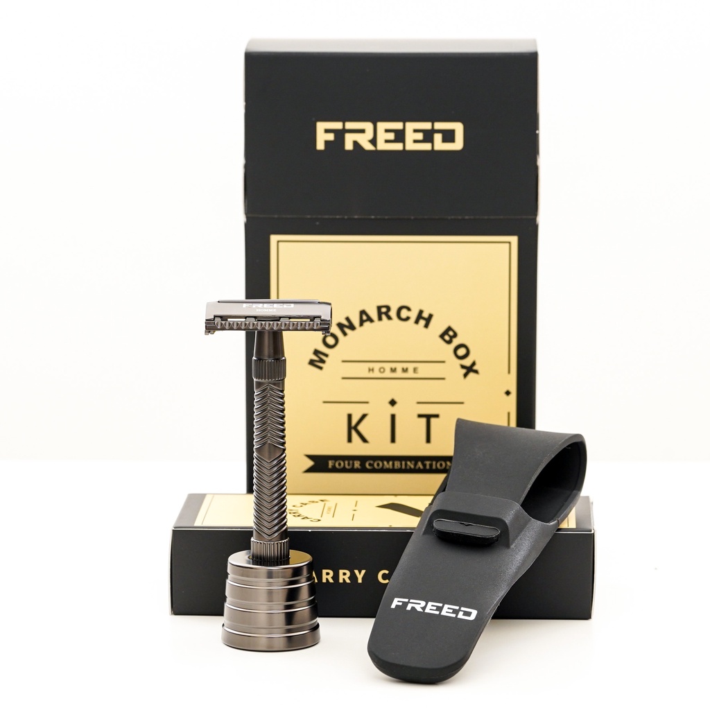 【FREED】尊爵四件組旋轉開放式雙刃安全刮鬍刀禮盒 -曜岩黑 父親節禮物 情人節送禮 客製化刻字
