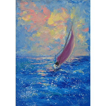 帆船畫海景原創藝術日落牆藝術小油畫