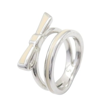 Dior 迪奧 銀色鍍金 米白色琺瑯 蝴蝶結 戒指 【二手名牌BRAND OFF】