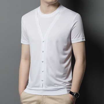 夏季時尚冰絲男圓領桑蠶絲短袖t恤潮流帥氣莫代爾男裝半袖體恤衫