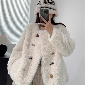 【米蘭精品】皮草外套仿羊毛大衣-短款加厚保暖圓領女外套4色74iq34