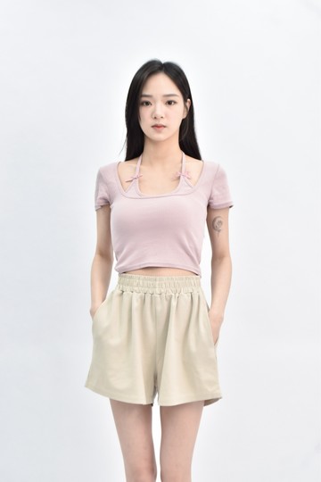 【加購優惠】(S) piona 韓牌棉質 bra top短版厚墊假兩件粉色短袖上衣