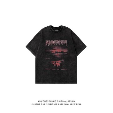 悟空有貨美式高街日落做舊短袖T恤男女夏季嘻哈oversize百搭體恤