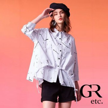 【GLORY21】網路獨賣款-etc.質感印染抽繩造型七分袖襯衫-白色