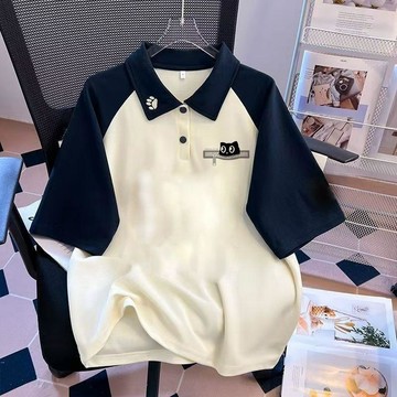 網友狂推💬中大童拼色POLO衫短袖t恤女夏季新款初中學生寬鬆半袖上衣帶領WV3I