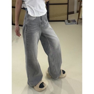 水洗磨白貓須抓痕直筒牛仔女小個子百搭寬松遮肉顯瘦高腰闊腿長褲