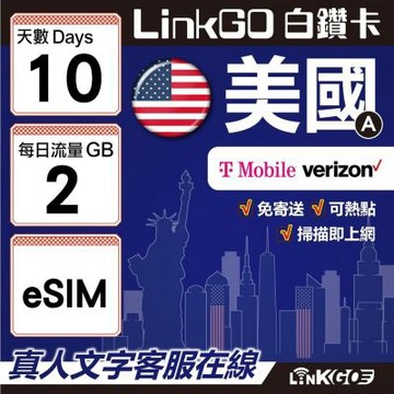 LinkGO白鑽卡 美國A eSIM卡 10天上網卡 每日2GB 高速流量(美國網卡 舊金山 洛杉磯 紐約 西雅圖)