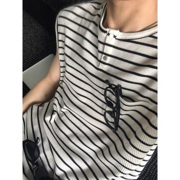 韓版排扣圓領撞色條紋T恤男生潮流休閑坎肩百搭打底復古背心上衣