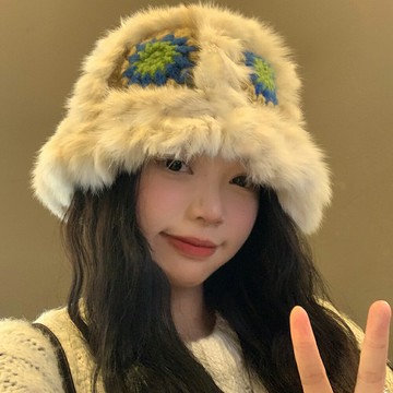 毛絨漁夫帽女冬季兔毛針織毛毛帽子顯臉小保暖醒獅帽大頭圍毛線帽