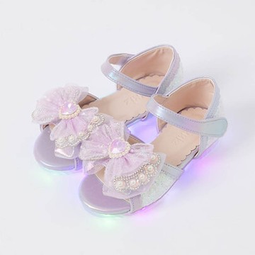 韓國 OZKIZ - (LED)珍珠亮片網紗蝴蝶結公主涼鞋-淡紫